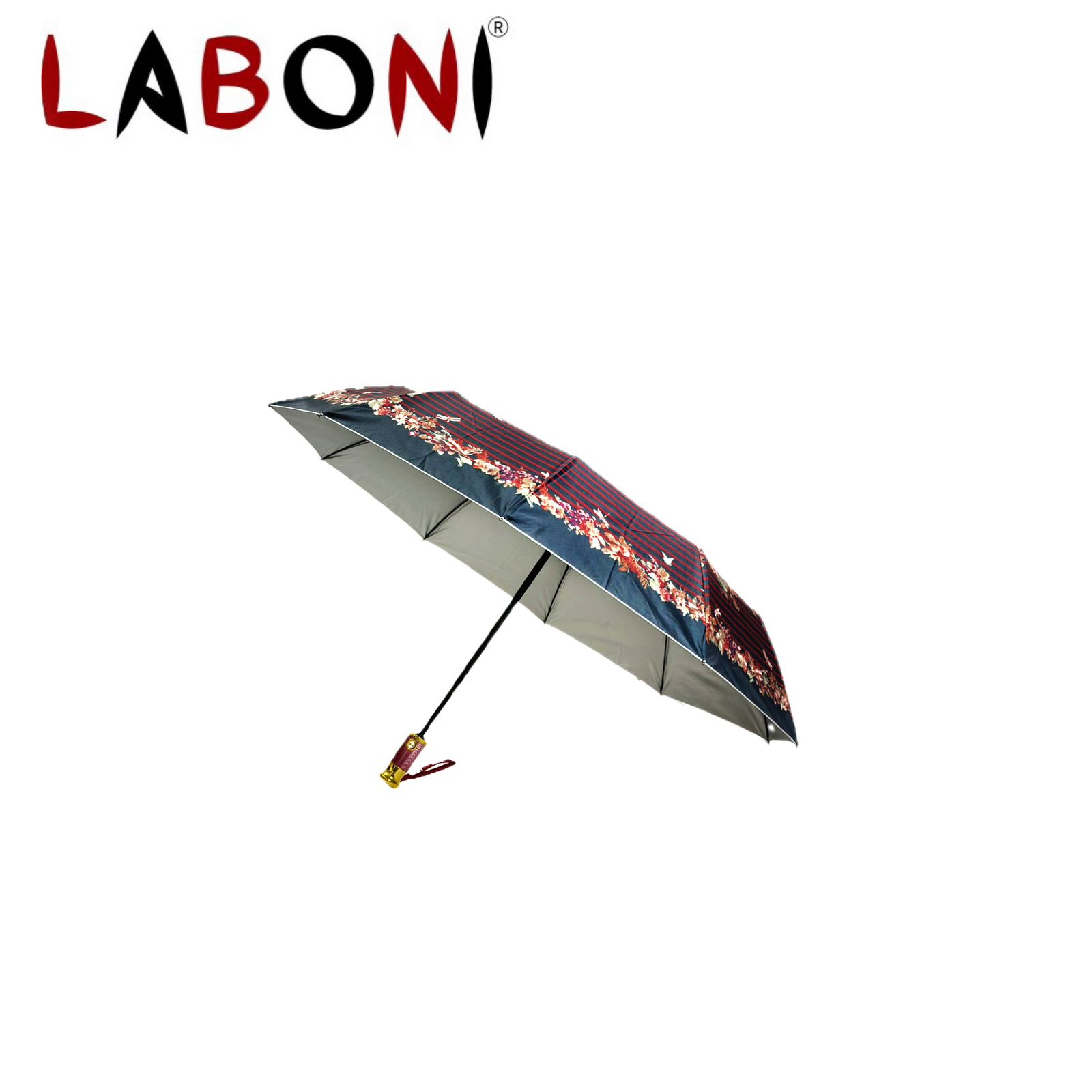 Laboni's 10k Auto
                        Close Silver Print Umbrella